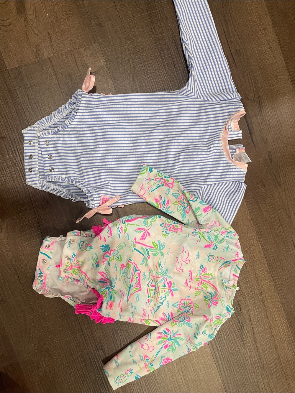 Ruffle Butts Blue Stripe and Floral Pink One-Piece Set